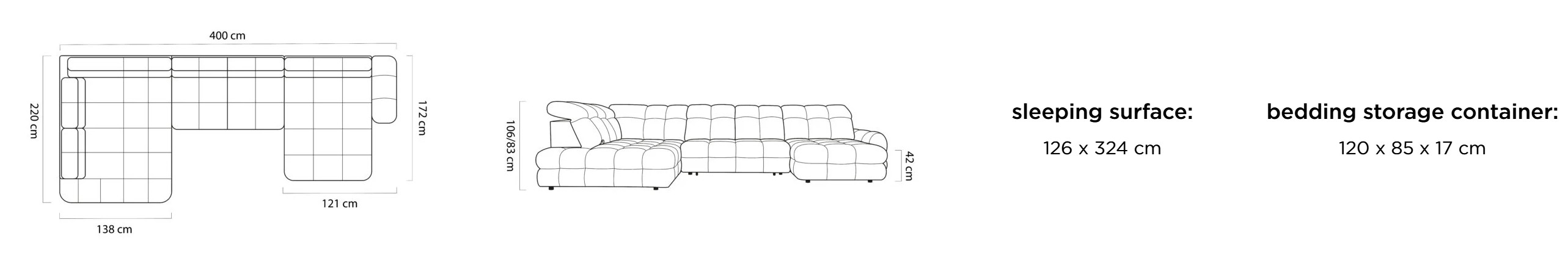 Technický nákres sedacej súpravy BELLUGA XL s rozmermi 400 × 220 cm a plochou na spanie 126 × 324 cm.